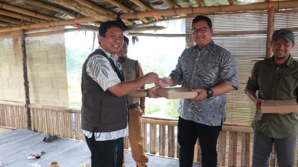 Muhammad Rizki Fauzan from AstraZeneca inspects the latest crop of seedlings at our Ciminyak nursery- Citarum River